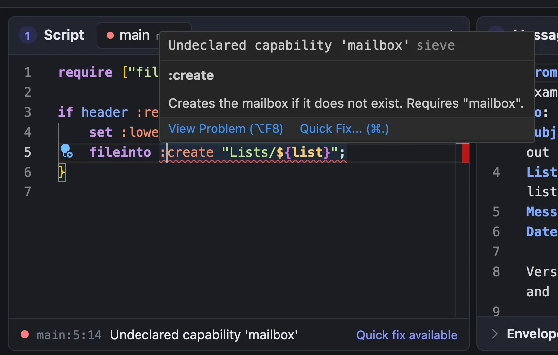 A compile error underlined in the editor, with the compiler message, the documentation for the tagged argument and a quick fix
