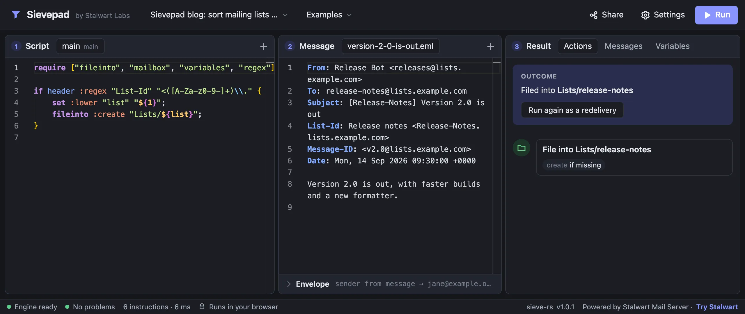 Sievepad with a Sieve script, a test message and the outcome of running the script