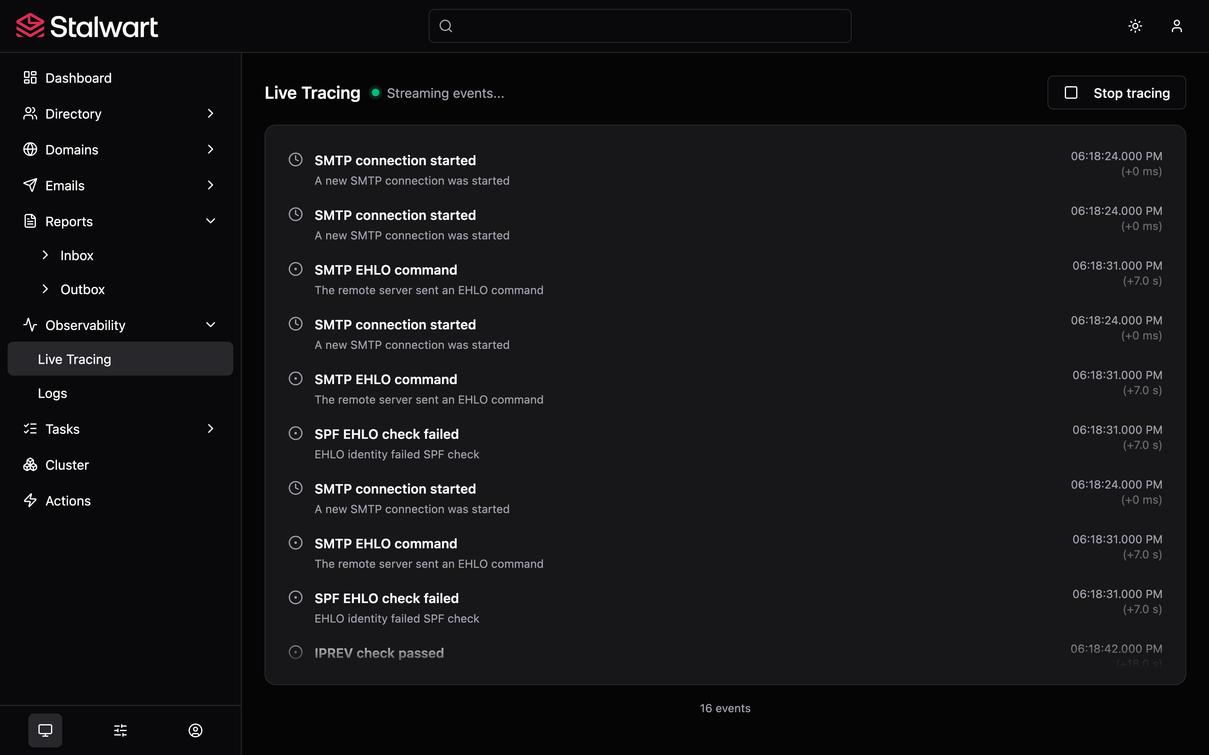 Stalwart live tracing pane streaming SMTP connection and command events as they happen