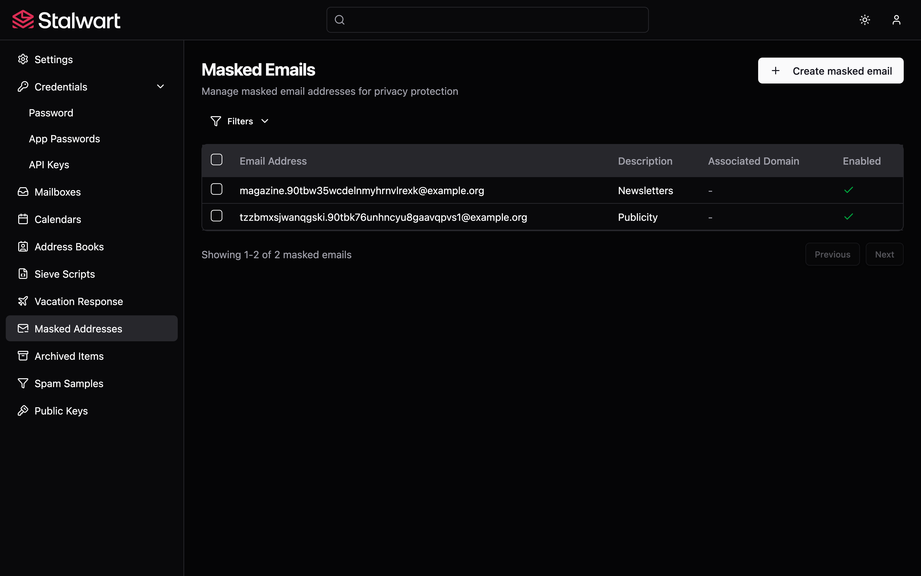 Stalwart Account Manager masked email page listing disposable addresses with description and enabled toggle